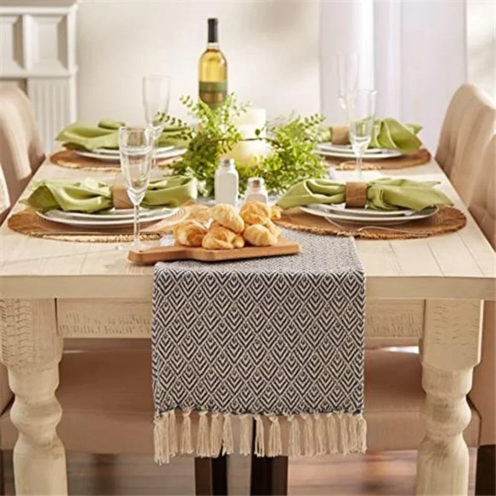 Braided Farmhouse Table Runner French Blue Cotton 15x72 Inches Home Dining Decor